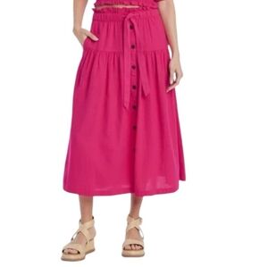 UNIVERSAL THREAD L Pink Linen Tie Waist Button Up Midi Skirt Fall 2269-Bi